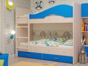 Кровать 2-х ярусная Мая с ящиками на латофлексах млечный дуб/синий в Пласте - plast.mebel74.com | фото