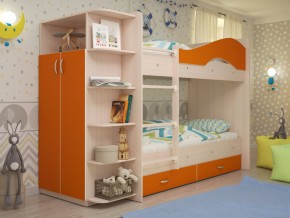 Кровать 2-х ярусная Мая с ящиками и шкафом на латофлексах оранж в Пласте - plast.mebel74.com | фото