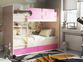 Кровать двухъярусная Тетрис латы с бортиками дуб млечный-розовый в Пласте - plast.mebel74.com | фото